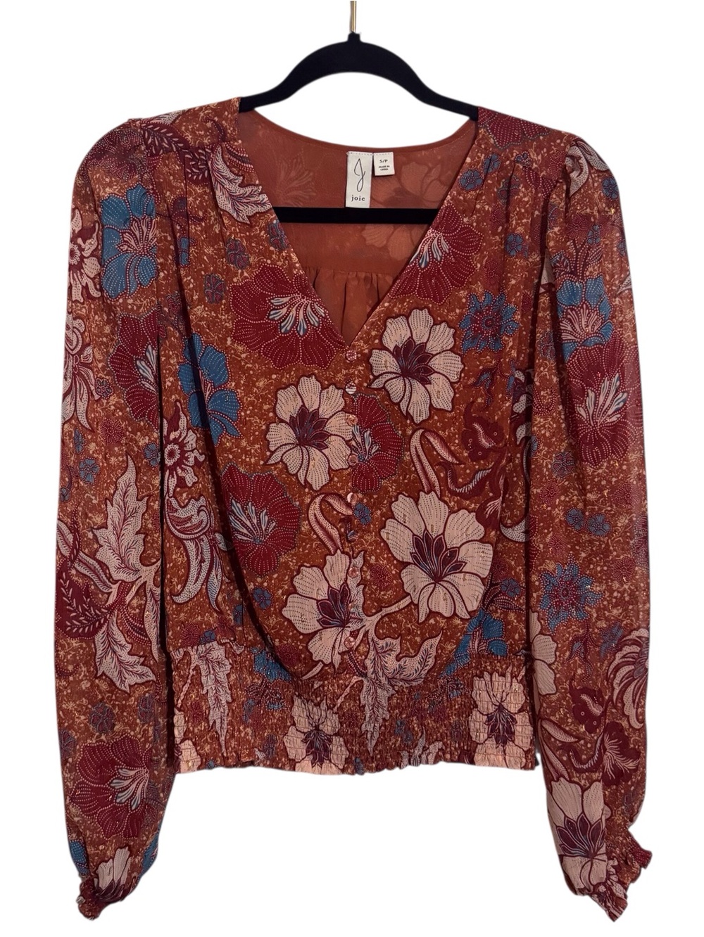 Joie Size Small Burnt Orange Metallic Floral Blouse Top Boho Long Sleeve Western